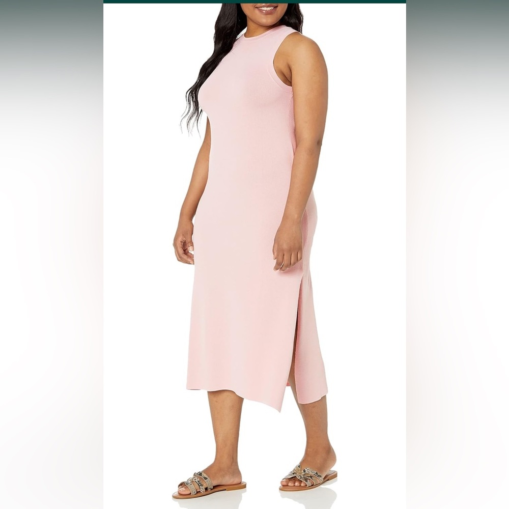 The Drop Women's Gabriela High Neck Cut-in A-line Side-Slit Maxi Sweater. Pink